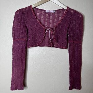 Innocent Cardigan Women’s Small Burgundy Cropped Tie Front Sheer Knit Bolero Y2K